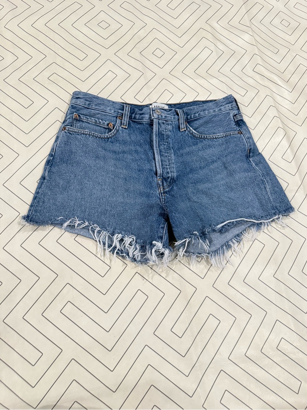 Agolde Blue Denim Frayed Hem Parker Long Shorts
